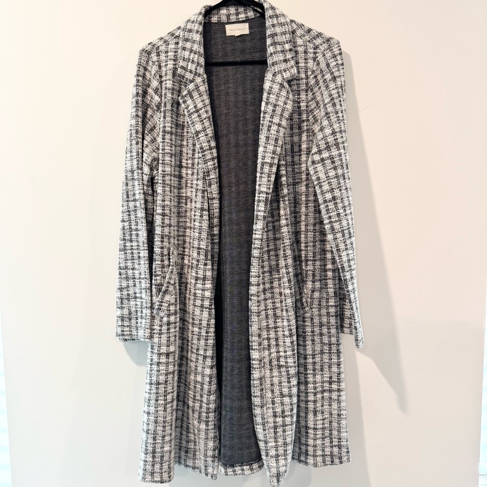 Black & White Plaid Open Front Long Coat Trench Lightweight